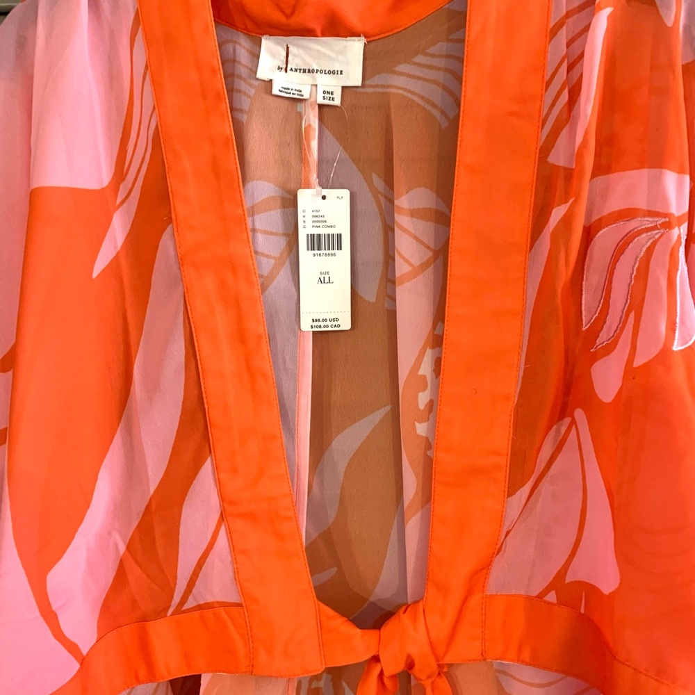 NWT Anthropologie tie-front Orange and Pink Floral Kimono style top. One size - Picture 3 of 4